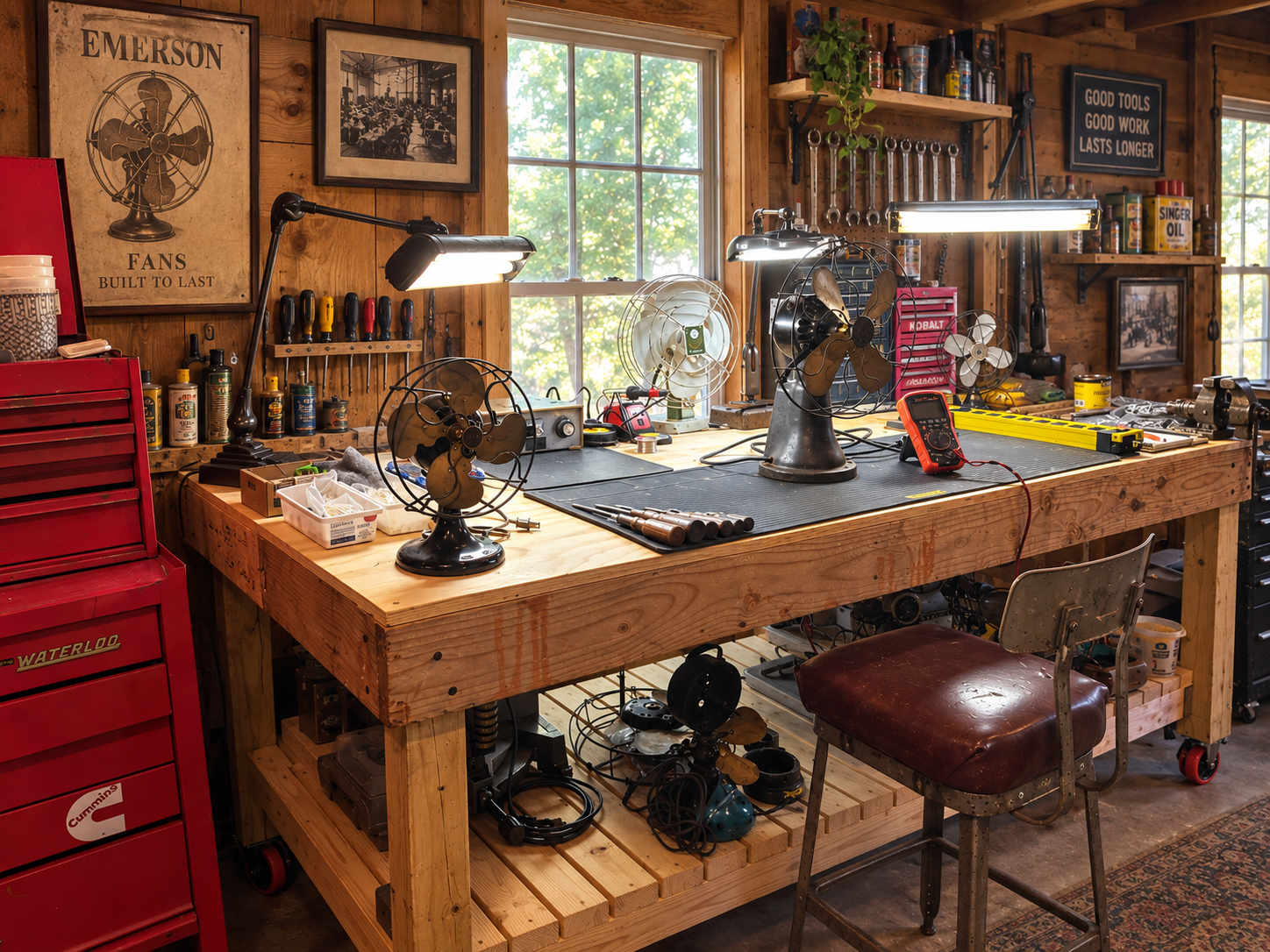 Vintage testing station with fan motor, wire, meter and power supply on a dark wooden bench.